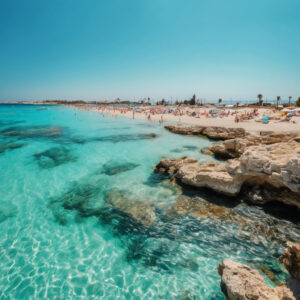 Beach photo of Ayia Napa, Cyprus with clear blue sky and crystal-clear turquoise water. Use vibrant, saturated colors